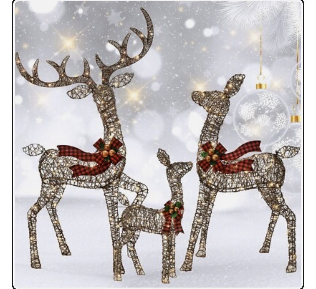 Outdoor Christmas Decorations Reindeer Family - HOYECHI Light Up Rattan Deer 3 Set with 210 LED Lights - Outside Yard Decor Kit Including Lighted 3-Piece Deer, Stakes - Brown