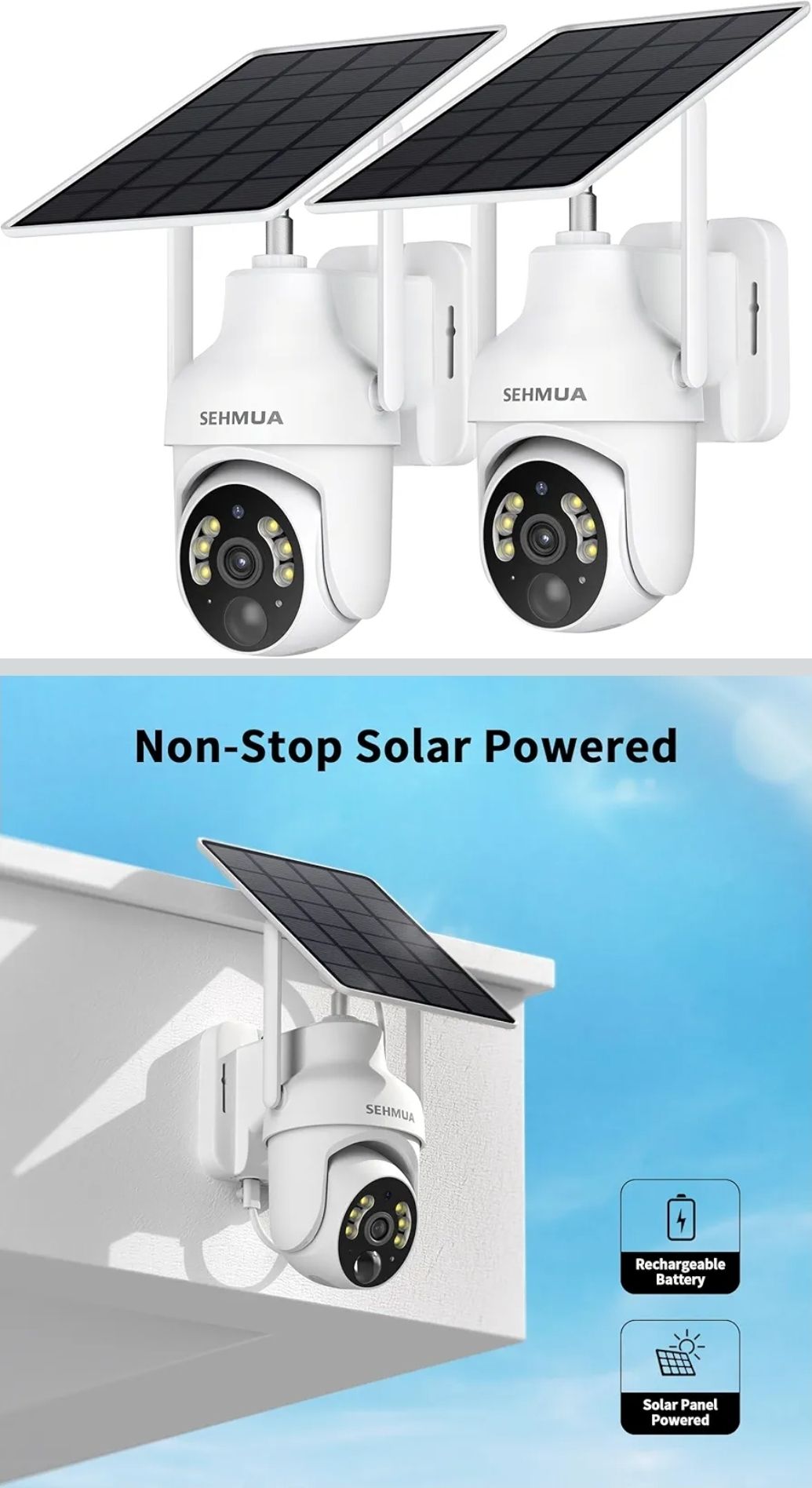 SEHMUA 2K Solar Security Cameras Wireless Outdoor, 2 Pack 360° View Pan/Tilt WiFi Security Camera Outside with Color Night Vision,Easy to Install, PIR Alarm, 2-Way Audio