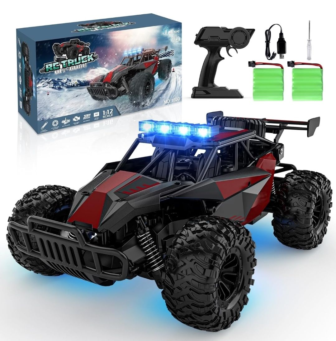 BLUEJAY Remote Control Car, 2.4GHz High Speed 33KM/H RC Cars Toys, 1:12 Monster RC Truck Off Road with LED Headlight and Rechargeable Battery Gifts forAdults Boys 8-12