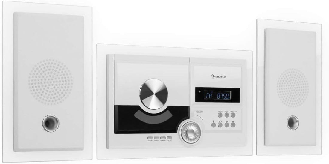 AUNA Stereosonic Microsystem, Shelf Stereo System, Micro System, 2 Stereo Speakers, Front-Loading CD Player, FM Tuner, Bluetooth, Wireless Connection, USB Port, Incl. Remote Control, White
