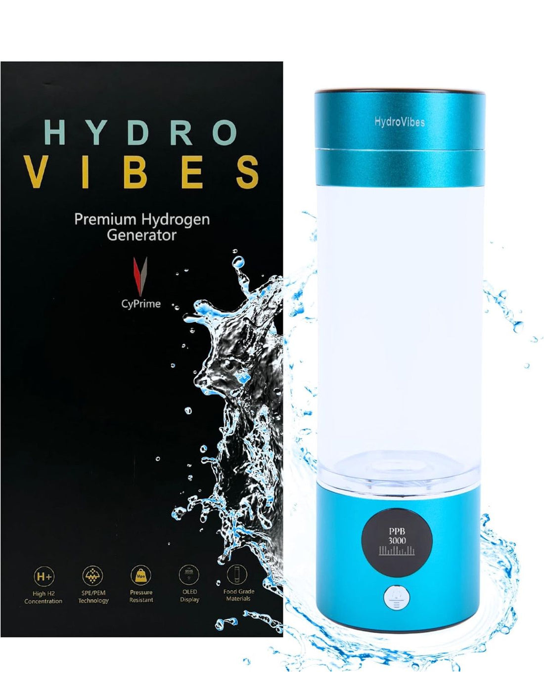 CyPrime- Premium Hydrogen Water Bottle Generator, High-Efficiency Hydrogen Water Machine Up to 4000 PPB, Hydrogen Water Generator for 99.9% Pure Hydrogenated Water, SPE/PEM,OLED,Vent (Teal)