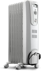 De\'Longhi Oil-Filled Radiator Space Heater, Full Room Quiet 1500W, Adjustable Thermostat 3 Heat Settings, Energy Saving, Safety Features, Light Gray, TRH0715CA