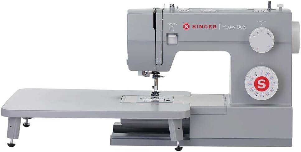 SINGER® 6380 Heavy Duty Sewing Machine with Extension Table, Accessory Kit | 32 stitches deliver 110 applications, 50% more power for thick fabrics, high speed, metal frame, 1-step buttonhole, LED Light