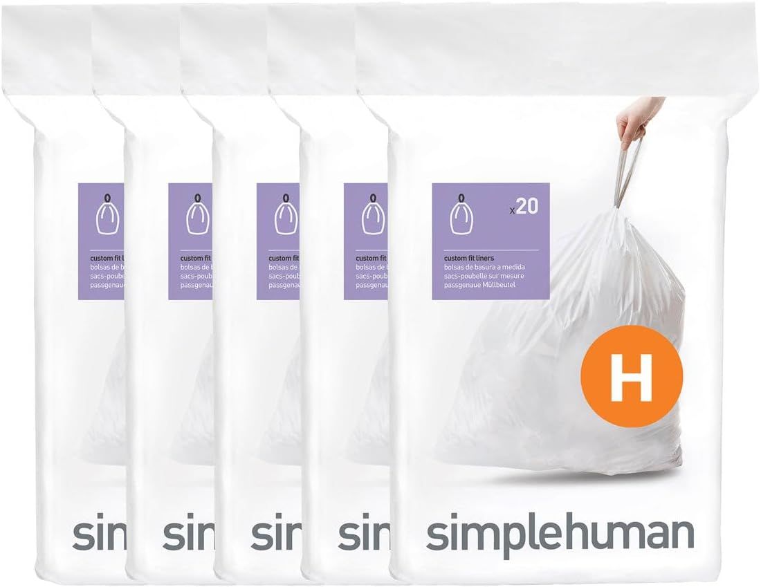 simplehuman Code H 100 Count, Dispenser Pack Custom Fit Liners, Drawstring Trash Bags, 30-35L / 8-9 Gallons, White