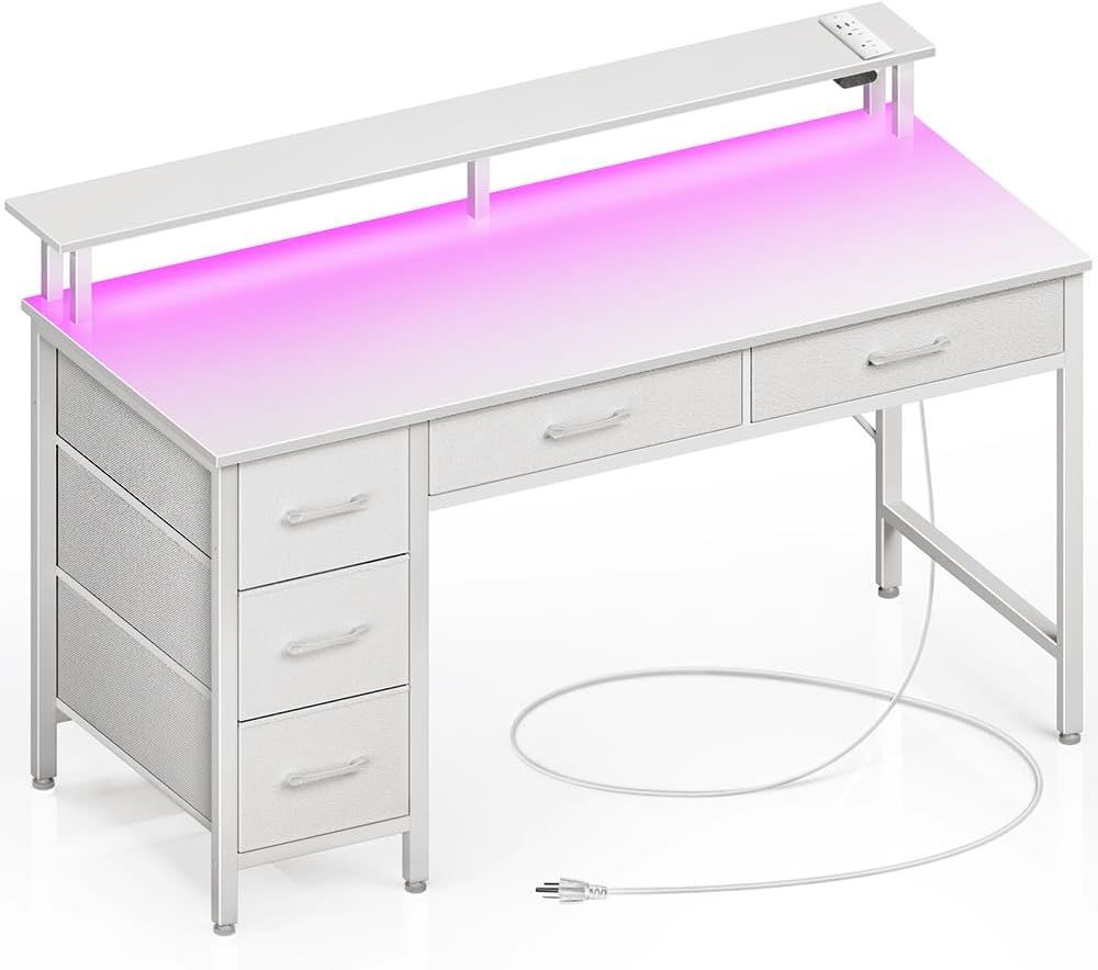 Seventable Computer Desk with Power Outlets & LED Light, 47 inch Home Office Desk with 5 Drawers, Writing Desk with Monitor Stand, Work Desk for Home Office, White