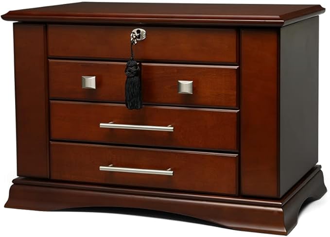 Arolly Large Wood Finish Jewelry Box Chest with Four Storage Compartments Storage Organizer for Gifts Keepsake Boxes with Swing-Open Side Doors & Top Mirror Lid