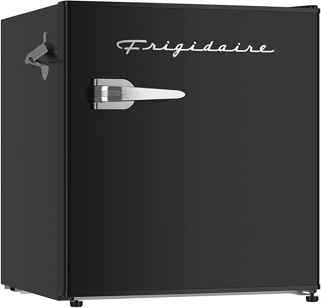 side damage FRIGIDAIRE Black Retro Mini Refrigerator-Energy Saving-Adjustable Thermostat Control-Side Mounted Bottle Opener-Ideal for Dorm, Office, RV, Garage, Apartment 1.6 Cubic Feet