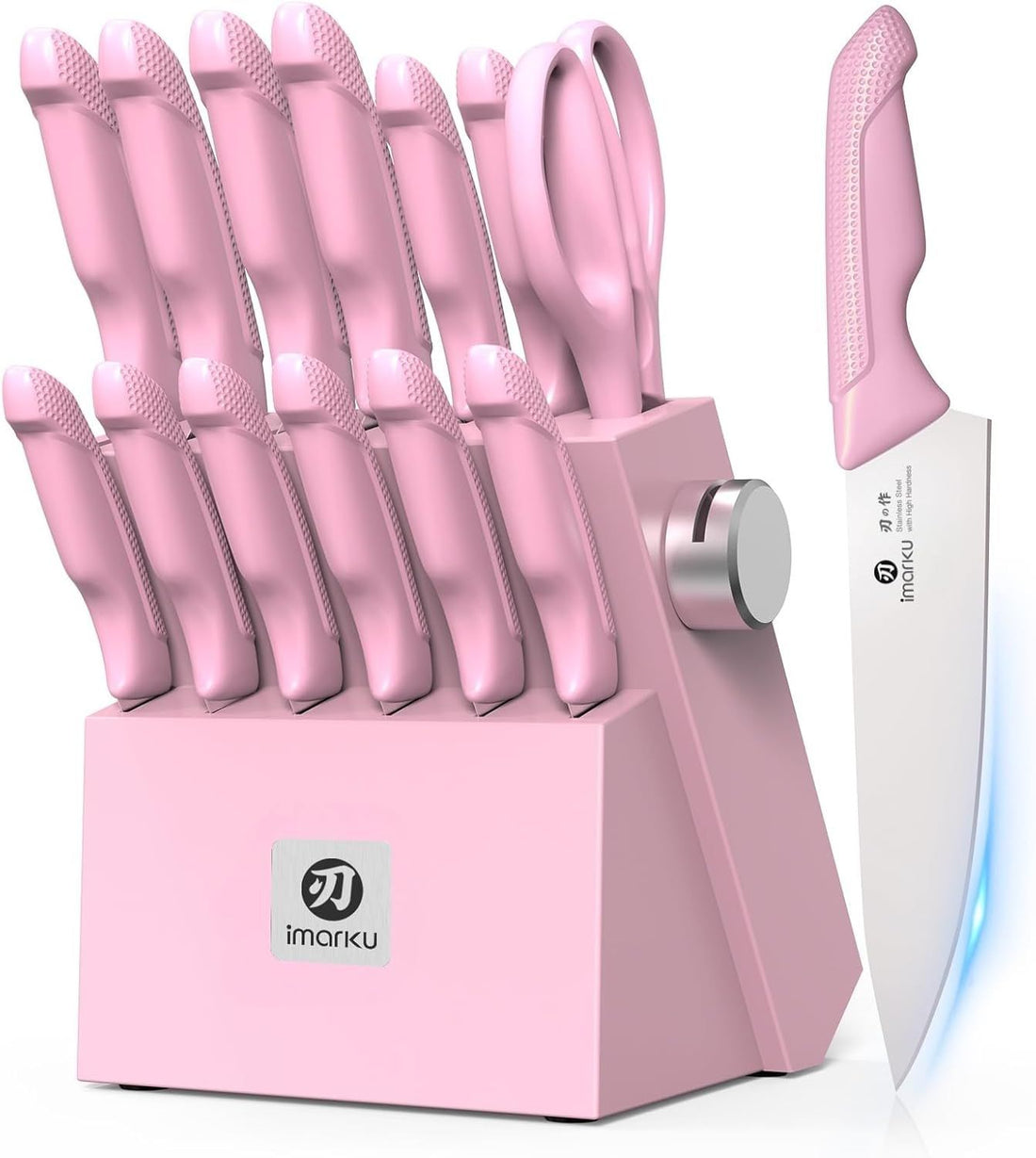 imarku Knife Set with Block, Sharp Knife Set with Built-in Sharpener, 14 PCS Japanese Stainless Steel Kitchen Knife Set, Dishwasher Safe, Pink, Ideal Home Cooking Gift for Mom