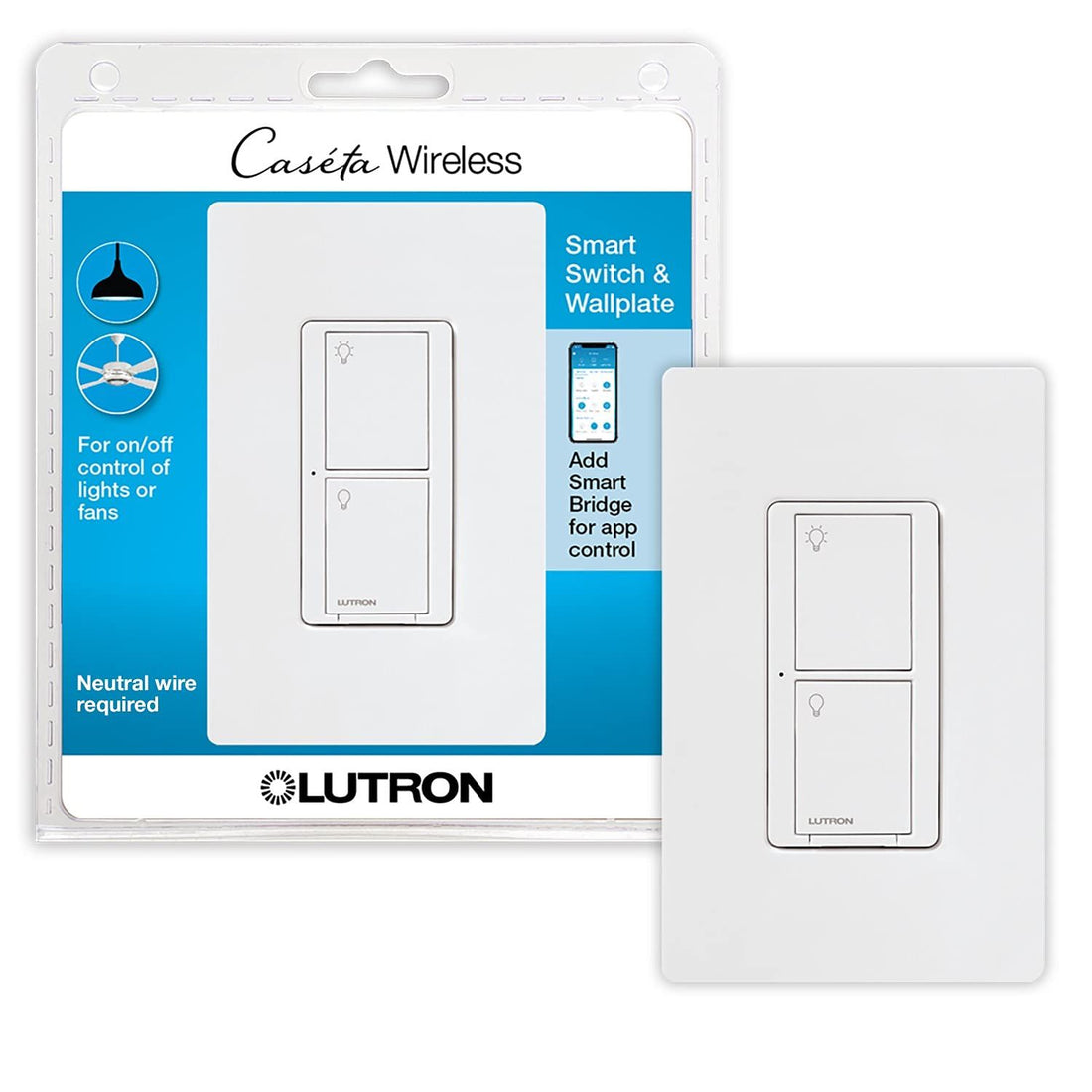Lutron Caséta Smart Home Switch with Wall Plate, Works with Alexa, Apple HomeKit, and Google Assistant (Smart Hub Required) | 5A, for Ceiling and Exhaust Fans, LED Bulbs, Incandescent and Halogen | PDW-5ANS-WH-A | White