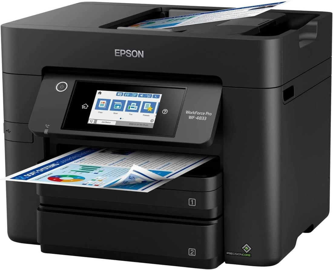 Epson Workforce Pro All-in-One WF-4833 Color Inkjet Printer, 4.3 Color Touchscreen Display, Wireless Connectivity, Automatic Duplex Printing, 4800x2400 dpi, Mobile Cloud Printing, Black, HDMI Cable