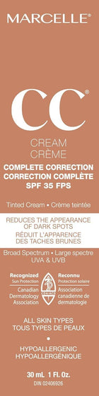 Marcelle CC Cream SPF 35, Light Medium, Complete Correction, Tinted Moisturizer, Non-Comedogenic, Perfume-Free, Paraben-Free, Oil-Free, Hypoallergenic, Cruelty-Free, 30 mL