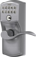 Schlage Camelot Keypad Lock with Lever Handle, Electronic Keyless Door Entry, Flex Auto‑Lock Option, Satin Chrome, FE595 CAM 626 Acc
