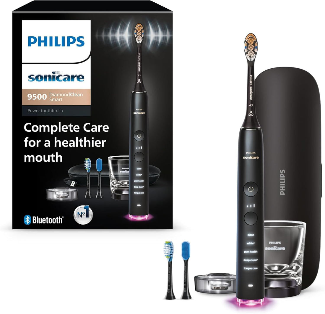 Philips Sonicare DiamondClean Smart 9500 Electric Toothbrush - Sonic Toothbrush with App, Pressure Sensor, 15 Brushing Settings, Replacement Reminder, USB Charging Travel Case, Black, Model HX9923/11