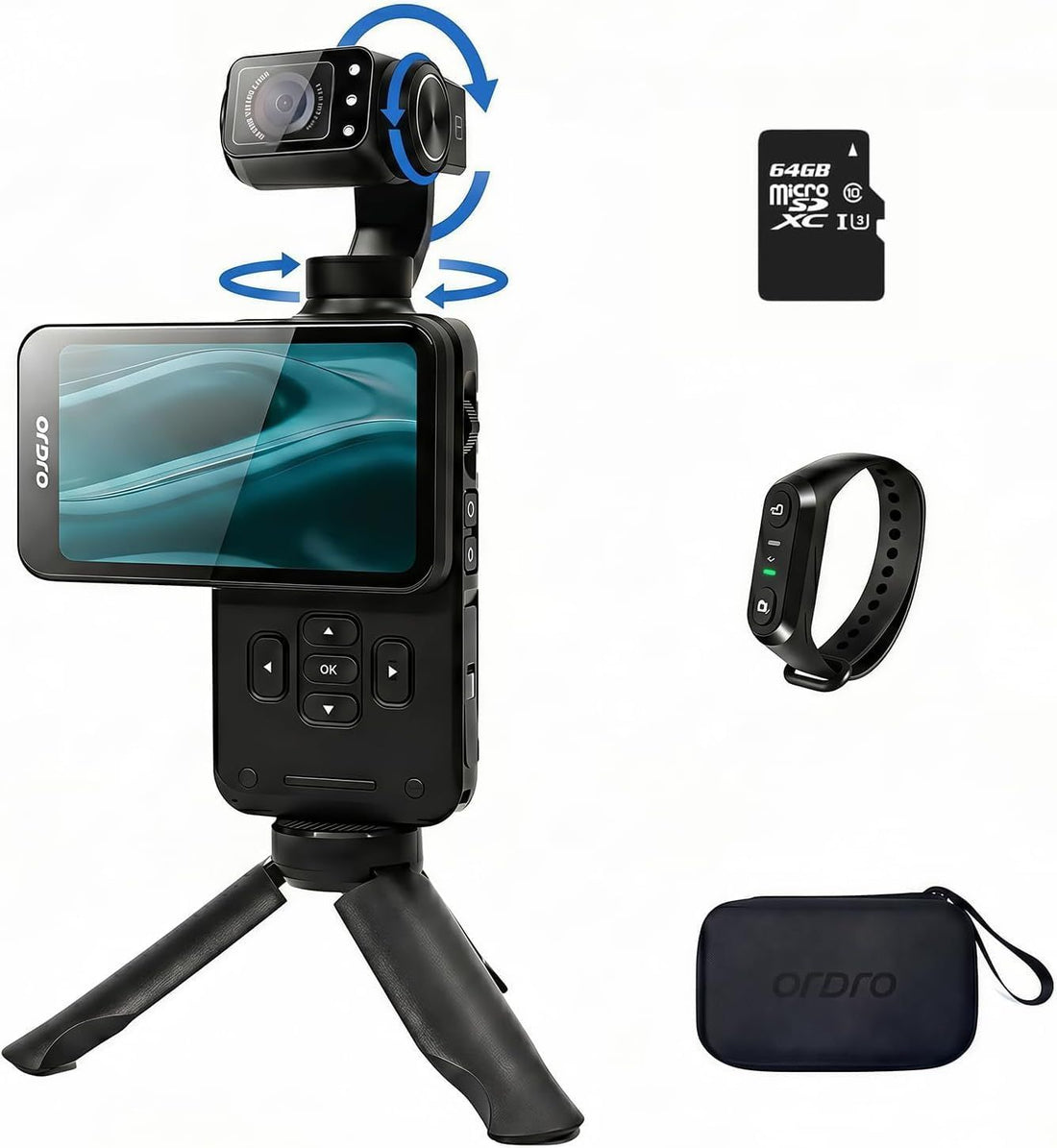 ORDRO M5 Handheld Camera 5K, 3-Axis Stabilisation Video Camcorder, Portable IR Night Vision WiFi Vlogging Camera with 120° Wide Angle, Face Tracking, 64G Card, Remote Control, Bracket