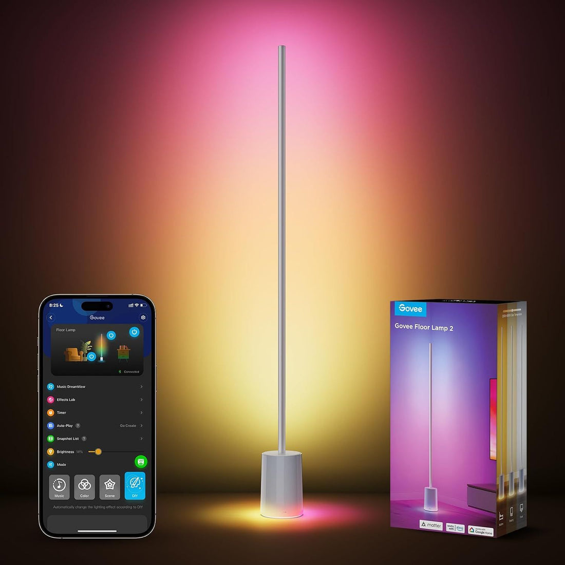 Govee Floor Lamp 2 Compatible with SmartThings, RGBIC Warm Cool White LED Floor Lamp, 1725lm Corner Lamp with Music Sync, 80+ Scene Modes, Smart Floor Lamp for Bedroom, Living Room, Studio, Silver
