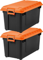 IRIS USA 77.6 L WEATHERPRO Plastic Storage Boxes, 2-Pack, Heavy-Duty Utility Storage Totes with Durable Lid and Secure Latching Buckles for Garage and Outdoor, Black/Orange