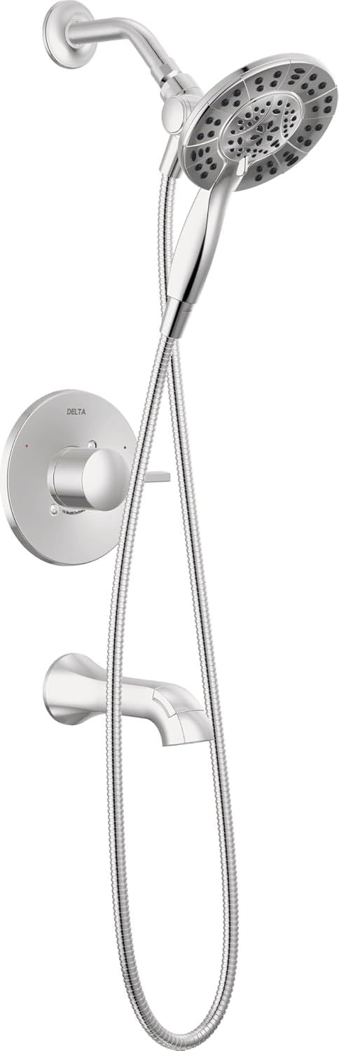 Delta Faucet Albion 14 Series Single-Handle Tub and Shower Faucet Set, Chrome Shower Trim Kit with 4-Setting In2ition 2-in-1 Dual Hand Held Shower Head, Chrome T144855-I (Valve Not Included)