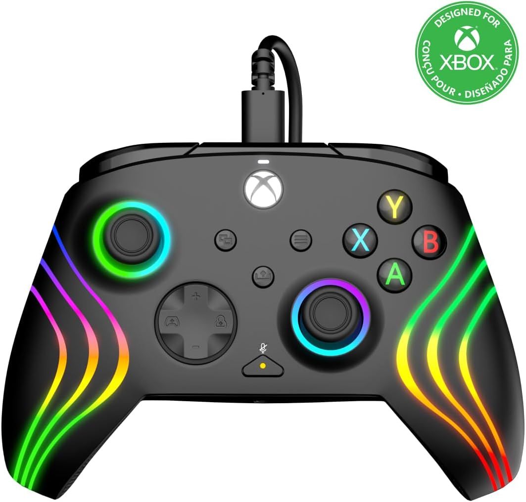 PDP Afterglow Wave Wired LED Controller for Xbox Series X|S/Xbox One/PC, RGB Lights, Customizable/App Supported - Black