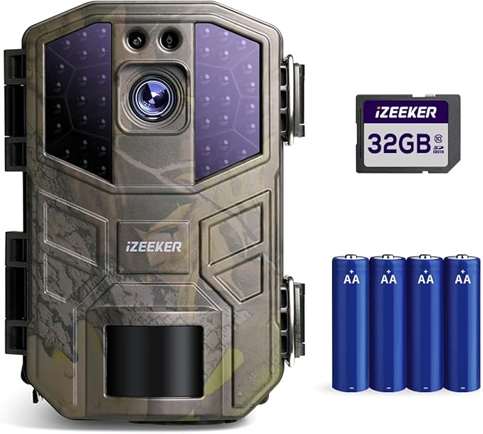 Trail Camera 4K 30fps 48MP, iZEEKER Game Cameras with Night Vision Motion Activated IP66 Waterproof, 0.1s Trigger Time, 2s PIR Interval for Wildlife Watching with 32GB SD Card and 4 AA Batteries
