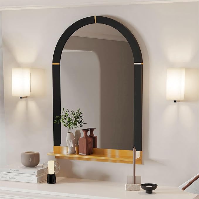 Artloge Decorative Wall Mirror Modern: 75x50cm Arch Large Silver Glass Vanity with Metal Floating Shelving, Home Furnishing Art Deco for Livingroom Fireplace Bedroom Dining Room