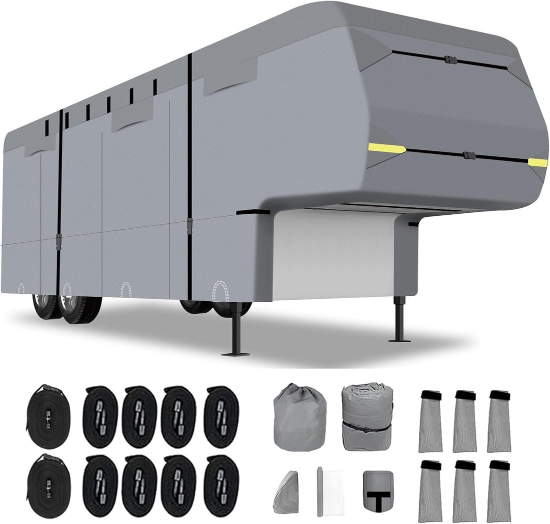 RV Cover Heavy Duty Camper RV Cover Breathable,Waterproof Anti-UV Windproof Winter Camper Cover with Tongue Jack Cover,Windproof Ropes Gutter Covers (5th Wheel RV Cover, 33\'~37\')