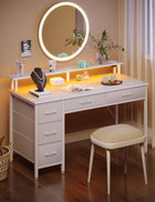 Seventable Computer Desk with Power Outlets & LED Light, 47 inch Home Office Desk with 5 Drawers, Writing Desk with Monitor Stand, Work Desk for Home Office, White
