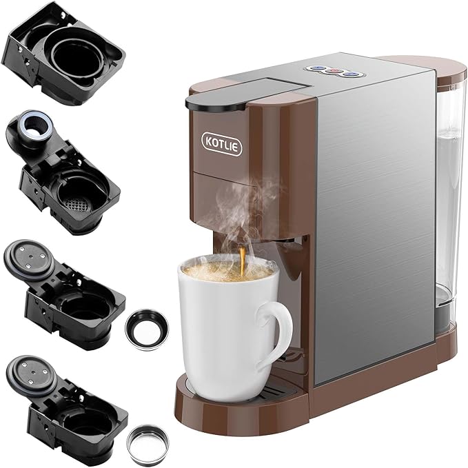 KOTLIE Multifunctional 4in1 Espresso Machine, 19Bar Pressure Single Serve Coffee Maker for Nespresso Original Capsule/Kcup/L'OR/illy 44mm ESE Coffee Bag/Ground Coffee (AC-513H)