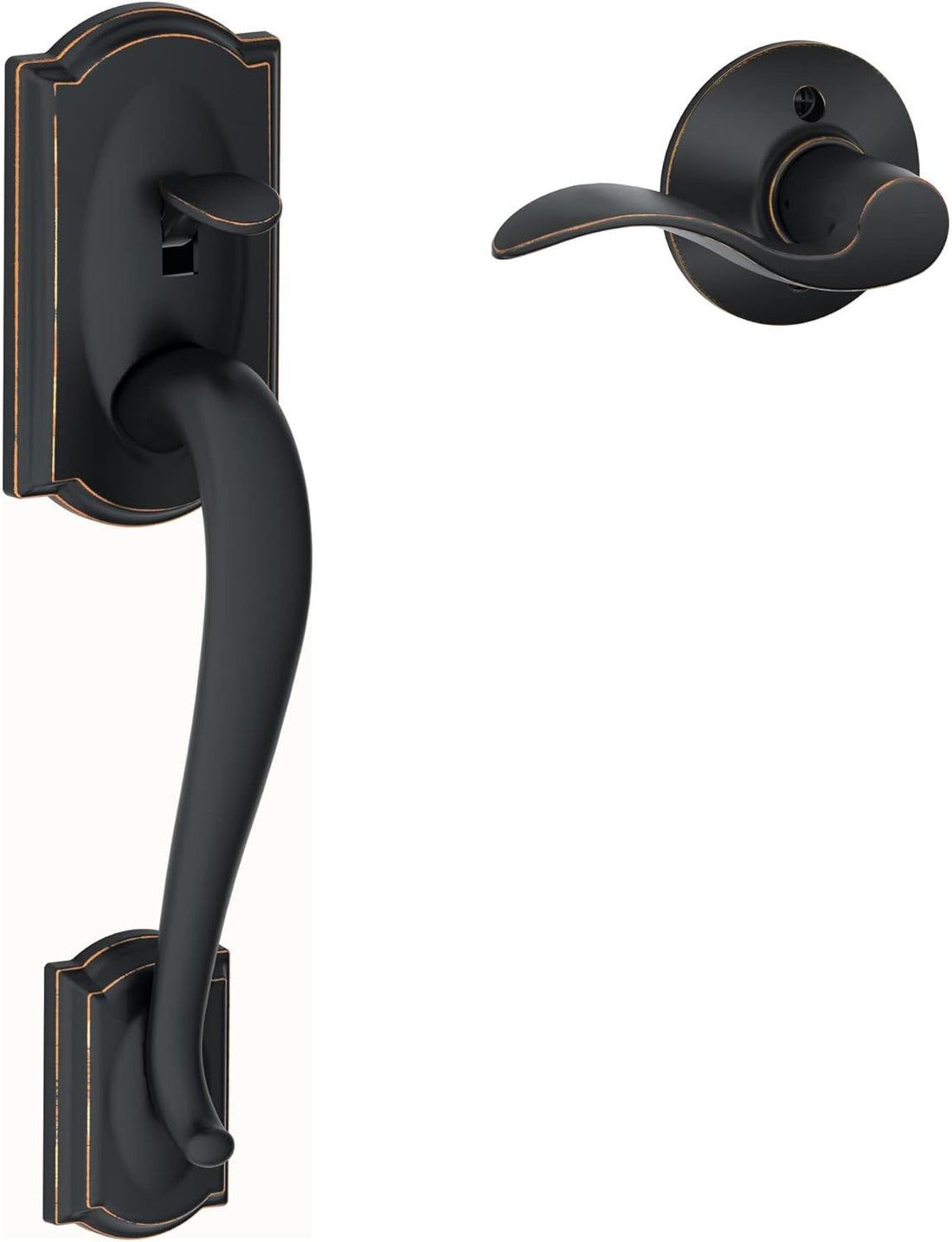 Schlage FE285 CAM 716 Acc RH Camelot Front Entry Handleset with Interior Accent Lever for Right Handed Door, Aged Bronze