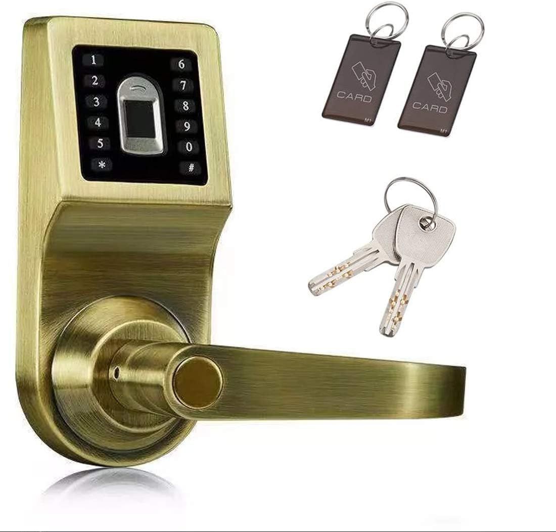 Smart Door Lock,LUOOV Digital Door Lock,Unlock with Remote Control, M1 Card, Code and Key,Handle Direction Reversible (Fingerprint Golden)