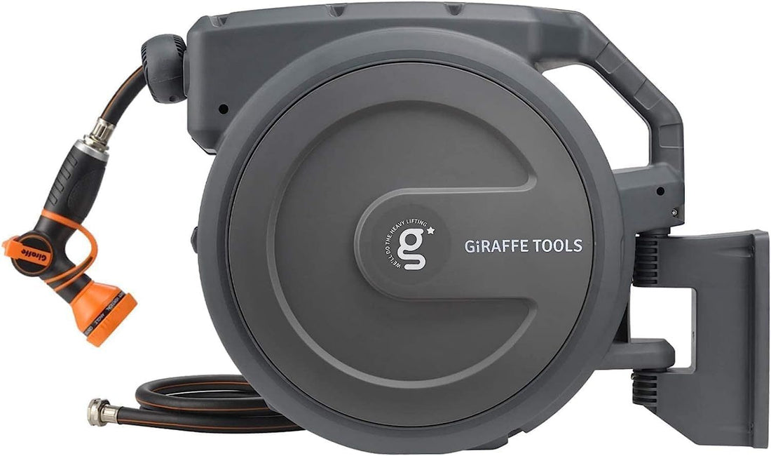 Giraffe Tools AW30 Garden Hose Reel, Any-Length Lock, 1/2 in x 100 FT | Retractable Garden Hose Reel With Any-Length Lock, 1/2 in x 100 FT, Auto Rewind, 180° Swivel and 9-Pattern Nozzle