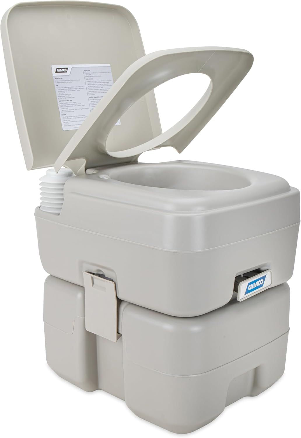 Camco 5.3-Gallon Portable Travel Toilet - Features Detachable Holding Tank w/Sealing Slide Valve & Bellow-Type Flush - Easy Transport w/Compact Lightweight Design & Carry Handle - Gray (41541)