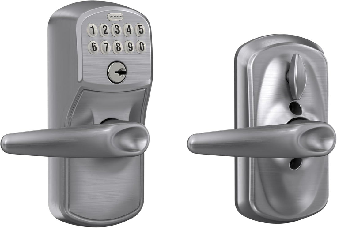 Schlage Plymouth Keypad Lock with Lever Handle, Electronic Keyless Door Entry, Auto‑Lock Enabled, Satin Chrome, FE575 PLY 626 JAZ