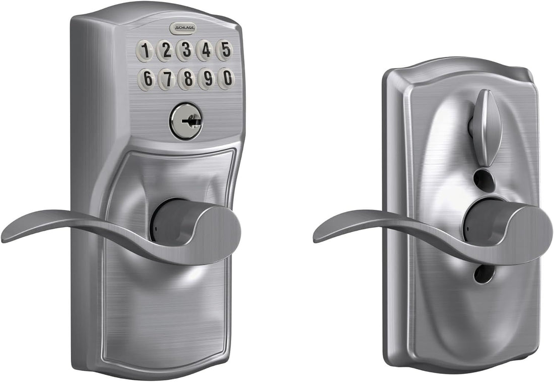 Schlage Camelot Keypad Lock with Lever Handle, Electronic Keyless Door Entry, Flex Auto‑Lock Option, Satin Chrome, FE595 CAM 626 Acc