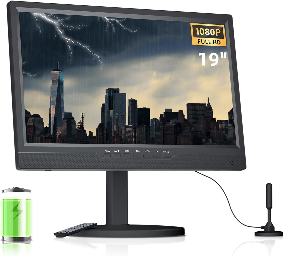 NORTHING 19 Inch 1080p 12V Portable TV, Small T V with Antenna, Built-in 8500mAh Rechargeable TV with Adjustable Base for Home Entertainment, Camping Travel and Outdoor Use, HDMI AV USB Input
