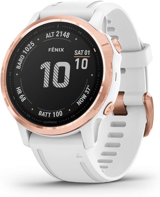 Garmin Fenix 6S Pro, Premium Multisport GPS Watch, Smaller-Sized, Features Mapping, Music, Grade-Adjusted Pace Guidance and Pulse Ox Sensors, Rose Gold with White Band