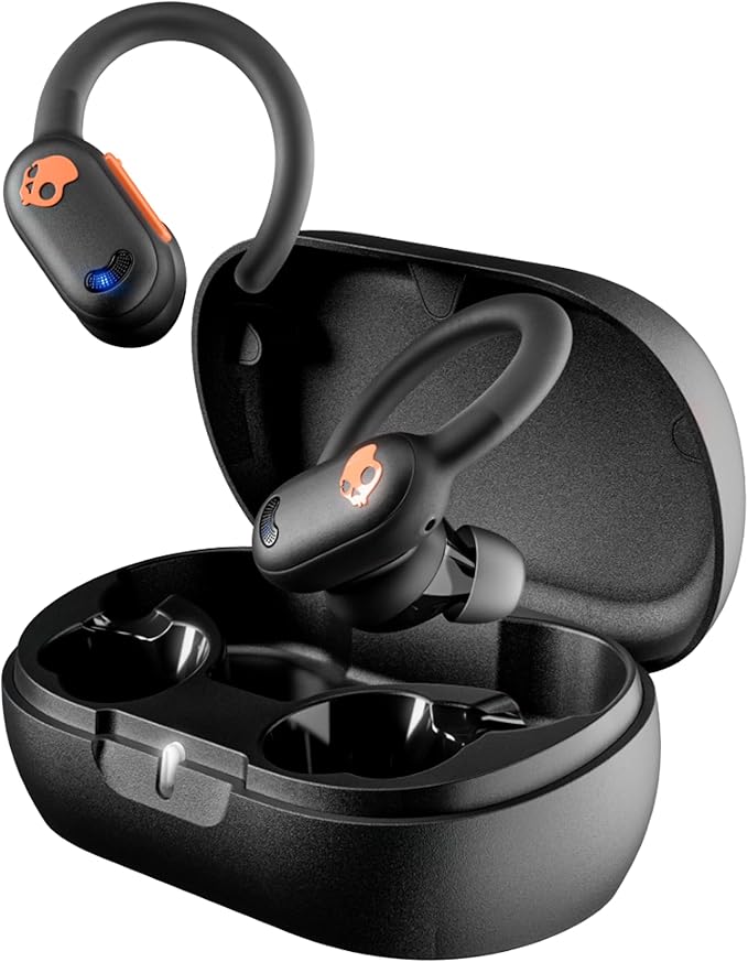 Skullcandy Push ANC Active Wireless Earbuds, Bluetooth Headphones, Noise Cancelling, 58 Hrs Battery, Secure-Fit Over-Ear Hanger, Sweat and Waterproof, Microphone for iPhone Android - Black/Orange