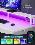 Seventable Computer Desk with Power Outlets & LED Light, 47 inch Home Office Desk with 5 Drawers, Writing Desk with Monitor Stand, Work Desk for Home Office, White