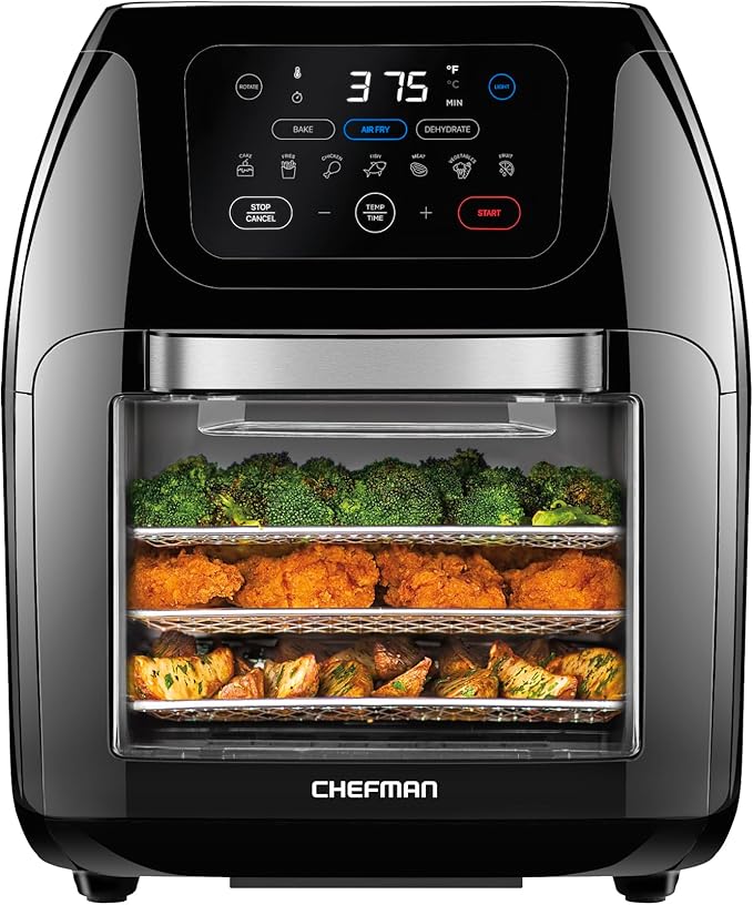 CHEFMAN Multifunctional Digital AirFryer+ Rotisserie,Dehydrator, Convection Oven17 Touch Screen Presets Fry,Roast,Dehydrate, Bake, XL 10L Family Size,Auto Shutoff,Large Easy-View Window Black,10 Quart