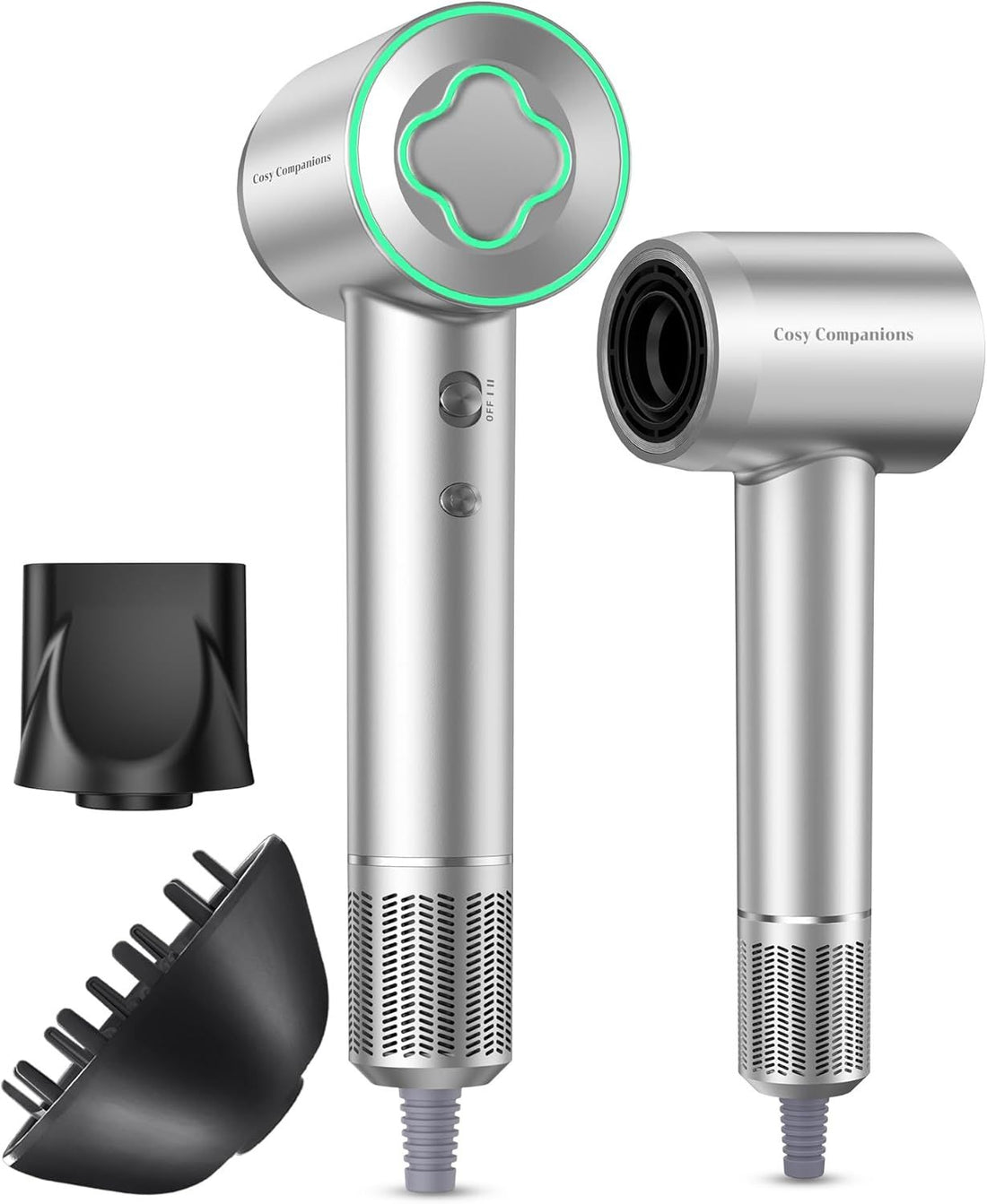 Cosy Companions Hair Dryer - 150000 RPM High-Speed Brushless Motor Negative Ionic Blow Dryer for Fast Drying, Low Noise Thermo-Control Hair Dryer with Diffuser and Nozzle, Silvery