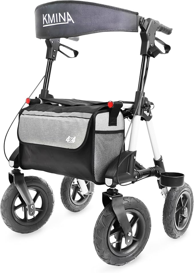 KMINA - All Terrain Rollator Walker (Sturdy Frame), Pneumatic Wheels, Aluminum Seat - KMINA PRO