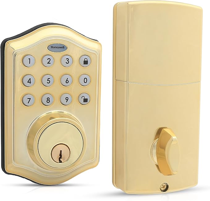 Honeywell Safes & Door Locks 8712009 Electronic Entry Deadbolt with Keypad, Polished Brass
