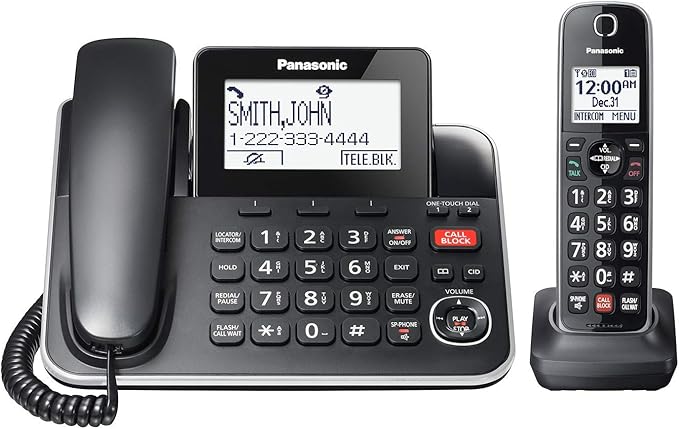 Panasonic DECT 6.0 2-in-1 Corded/Cordless Phone with Answering Machine, Advanced Call Block (1,000 Numbers), and Talking Caller ID - 1 Cordless Handset - KX-TGF870CB, Black