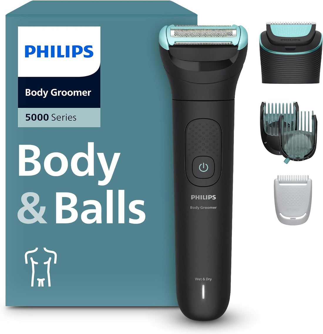 Philips Body Groomer 5000 Series - Trimmer for Men with Triple Protect Shave System, Intimate Trim & Shave, Interchangeable Heads, 100% Showerproof, 100 Min. Runtime, Model BG5490/28