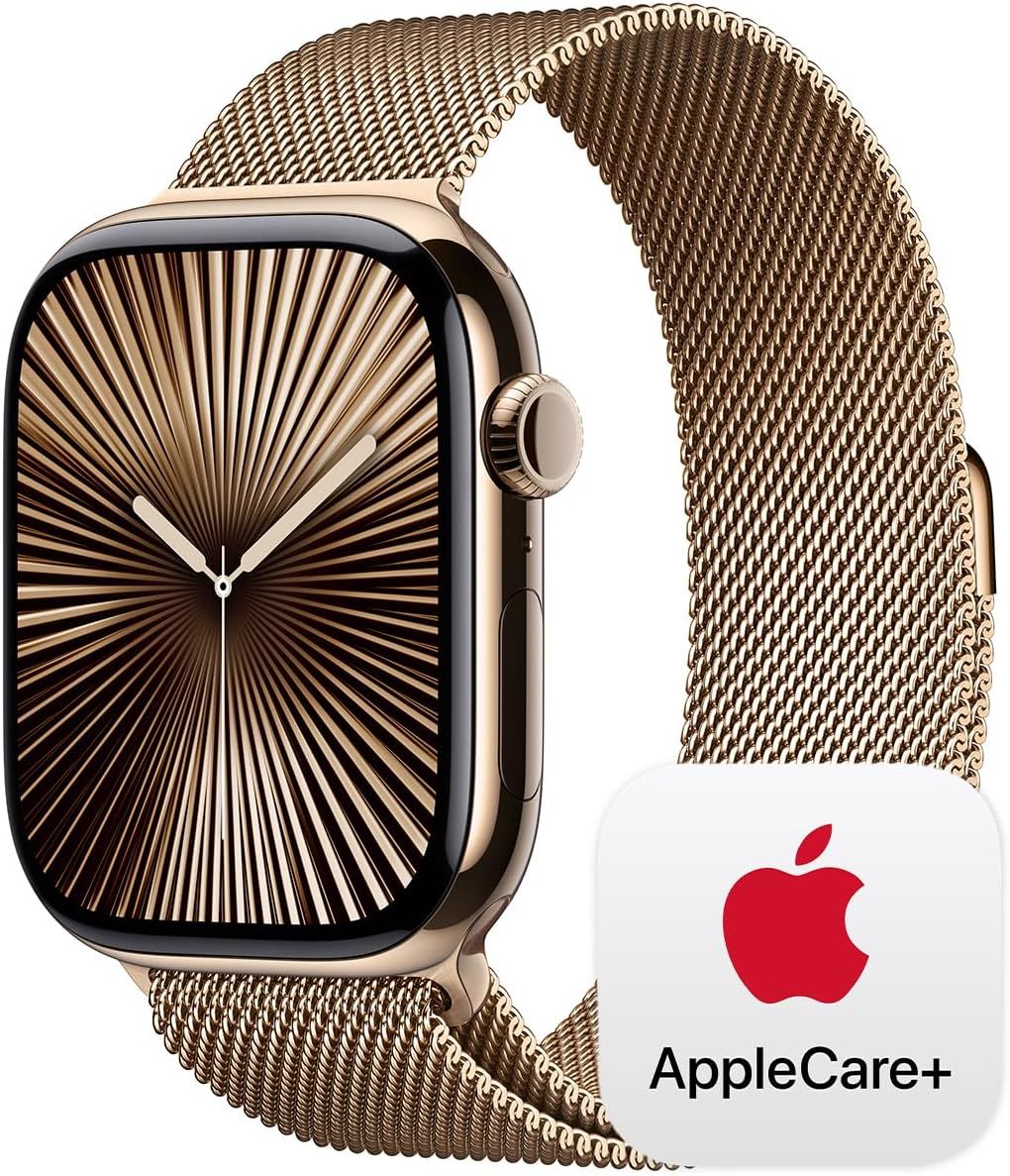 Apple Watch Series 10 [GPS + Cellular 46mm] with Gold Titanium Case with Gold Milanese Loop - M/L. Fitness Tracker, ECG App, Always-On Retina Display, Carbon Neutral with AppleCare+ (2 Years)