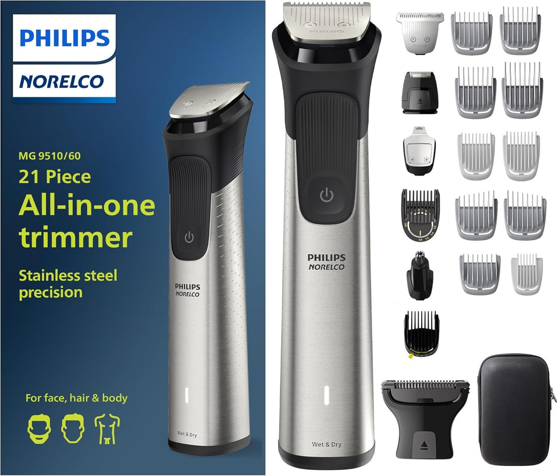 Norelco Multigroom Series 9000-21 piece Men\'s Grooming Kit for beard, body, face, nose, ear hair trimmer w/premium storage case, MG9510/60