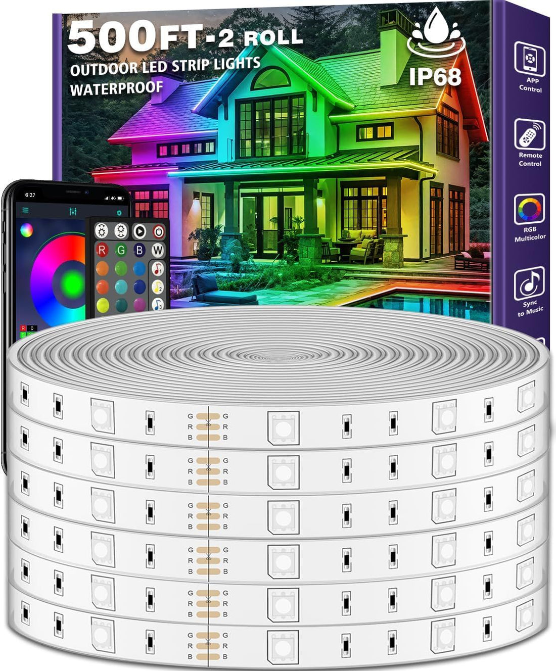 RCUICA Outdoor LED Strip Light Waterproof 500ft,IP68 Outside LED Light Strip Waterproof with App Remote Control,Music Sync RGB Exterior LED Rope Light for Balcony