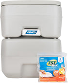 Camco 5.3-Gallon Portable Travel Toilet - Features Detachable Holding Tank w/Sealing Slide Valve & Bellow-Type Flush - Easy Transport w/Compact Lightweight Design & Carry Handle - Gray (41541)