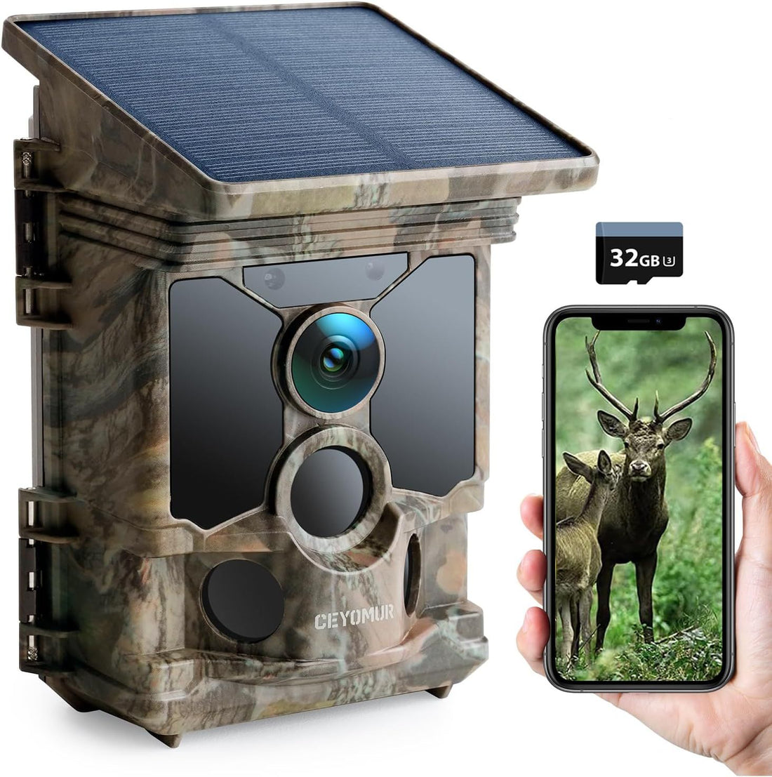 Solar Trail Cameras 4K 68MP, CEYOMUR WiFi Bluetooth Trail Camera with 5200mAh Rechargeable Battery, Game Camera with 120° Detection Night Vision Motion Activated IP66 Waterproof U3 32GB Micro SD Card