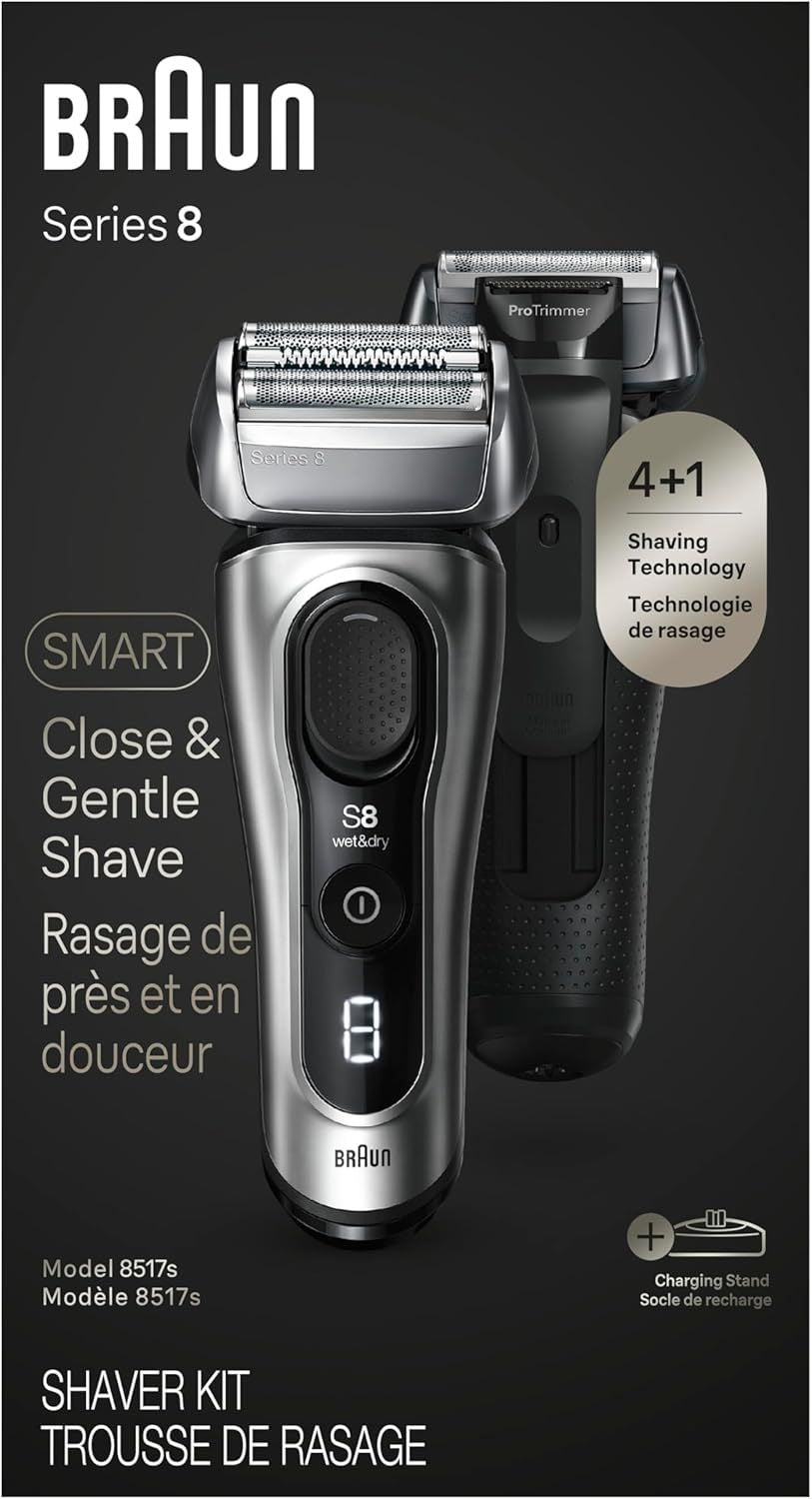 Braun Series 8 Electric Shaver for Men with Precision Long Hair Trimmer, Wet and Dry Electric Razor with Charging Stand and Travel Case, 8517s Galvano Silver