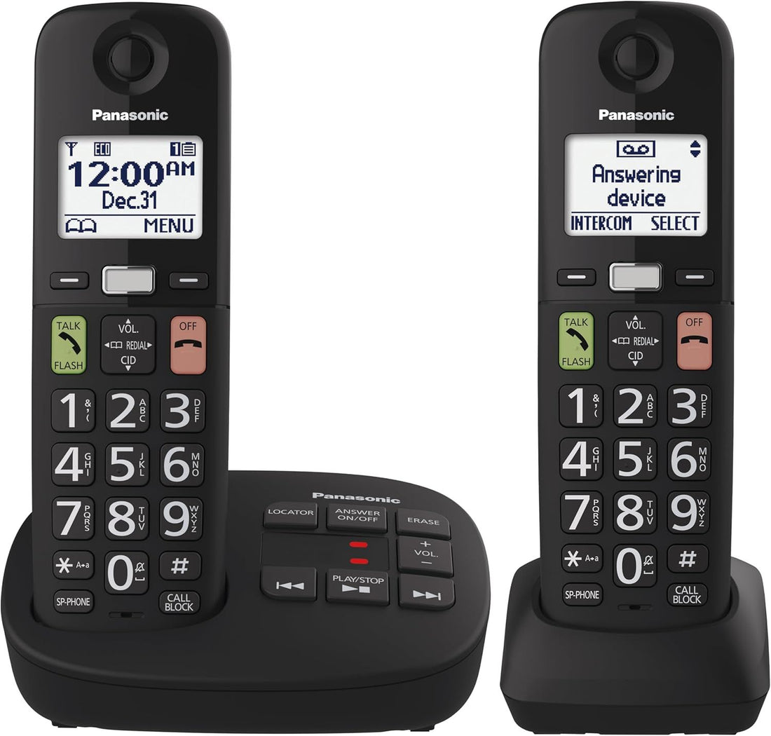 Panasonic Cordless Phone, Easy to Use with Large Display and Big Buttons, Flashing Favourites Key, Call Block, 2 Cordless Handsets - KX-TGU122CB (Black)